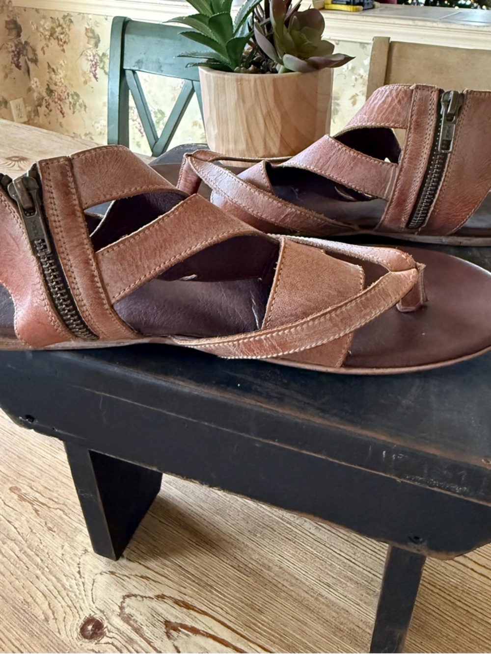 Bed Stu Brown Leather Strappy Sandals with Zipper